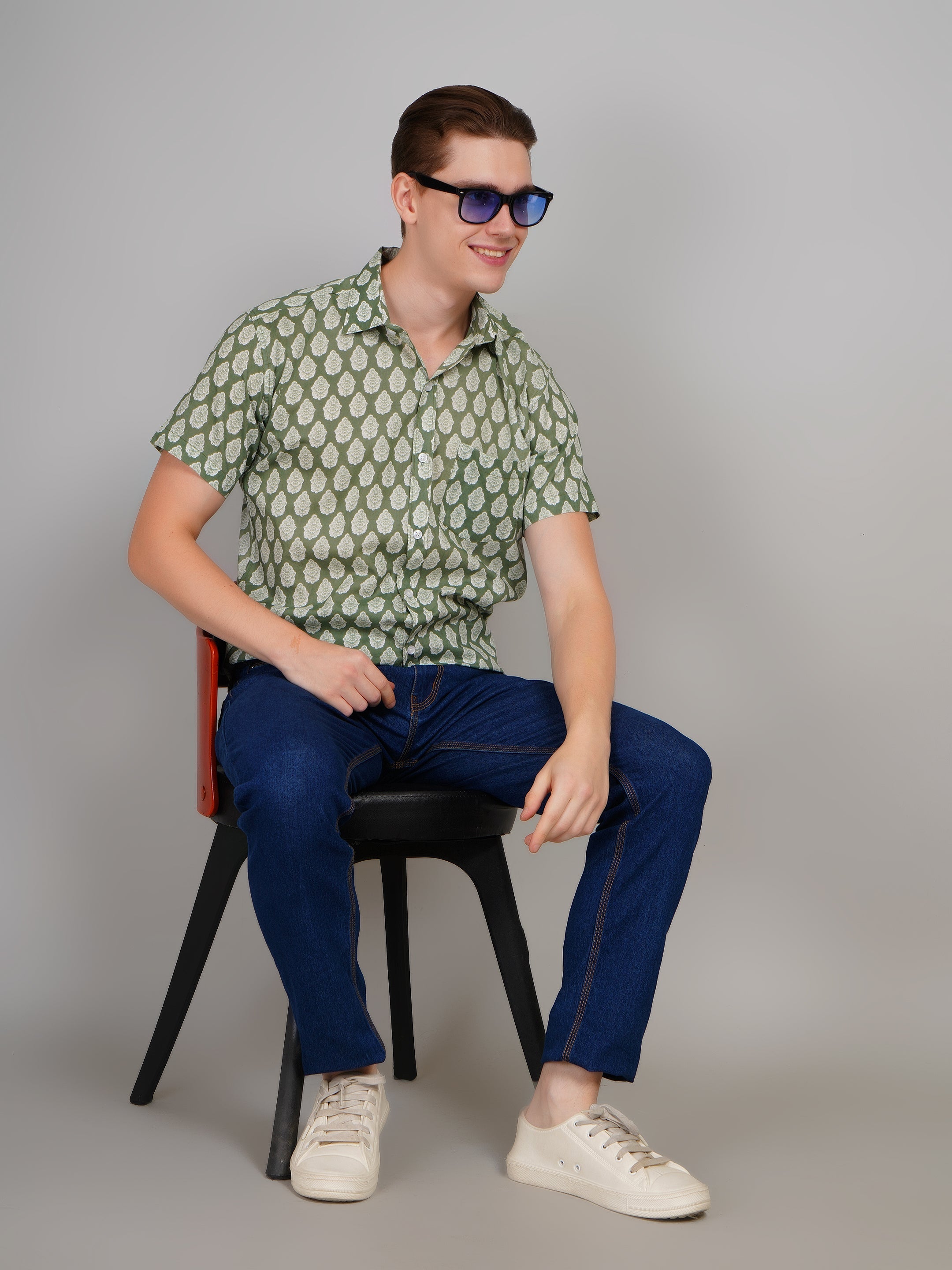 Louis Monarch Premium Light Green Jaipuri Printed Cotton Half Sleeve Casual Shirt